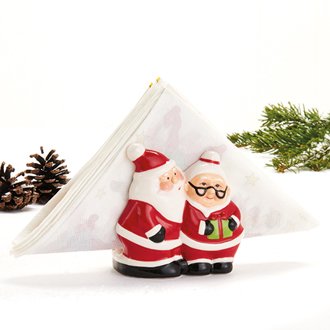 Jule servietholder med julemanden og julemor i keramik - 10 cm