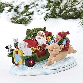 Pobra - Julemand i sin bil og dreng på sin gris 12 cm